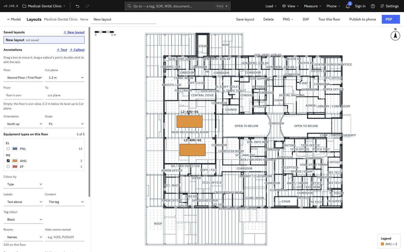 A layout drawing of the second floor cut from the models: walls, room names and the two air handling units coloured and tagged, with a scale bar and north arrow.