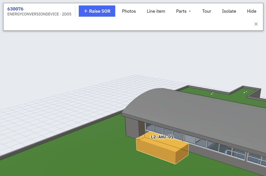 An air handling unit selected in the model, shown in amber through the roof and walls, with its tag L2-AHU-01 above it and the selection bar offering Raise SOR, Photos, Line item, Tour, Isolate and Hide.