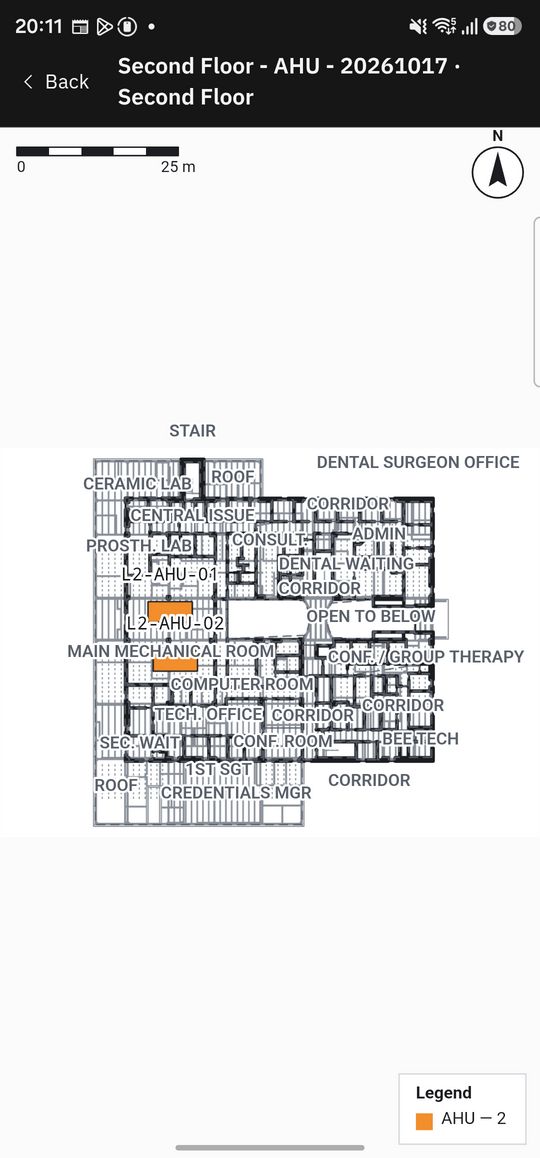 A layout drawing published from the PC, opened full screen on the phone with the equipment tagged.