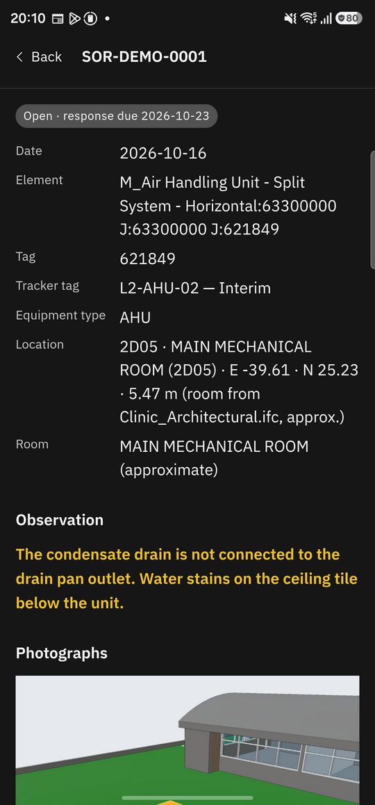 An SOR on the phone with its observation, photographs and status.